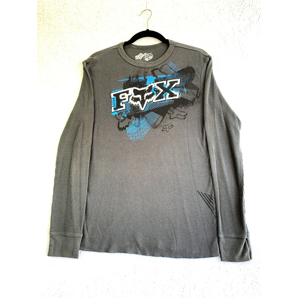 Fox Gray Thermal Jersey Blue Black Logo Riders Graphic Waffle Texture L/S